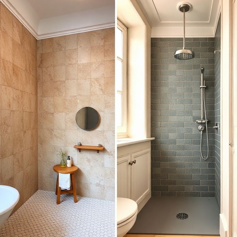 Salle de bain rénovée avec douche italienne en tons slate