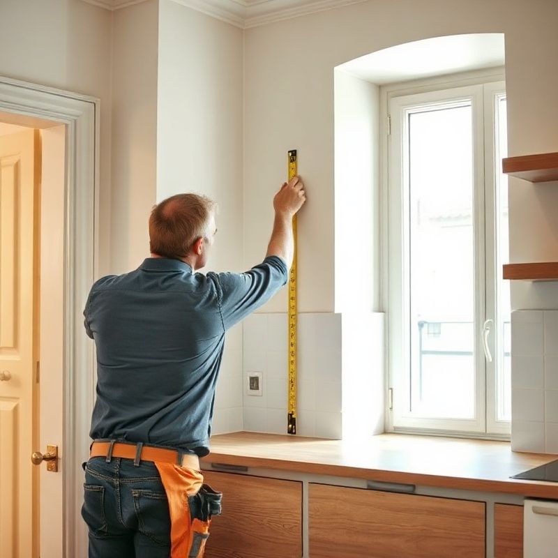 Artisan mesurant un mur de cuisine dans un appartement toulousain