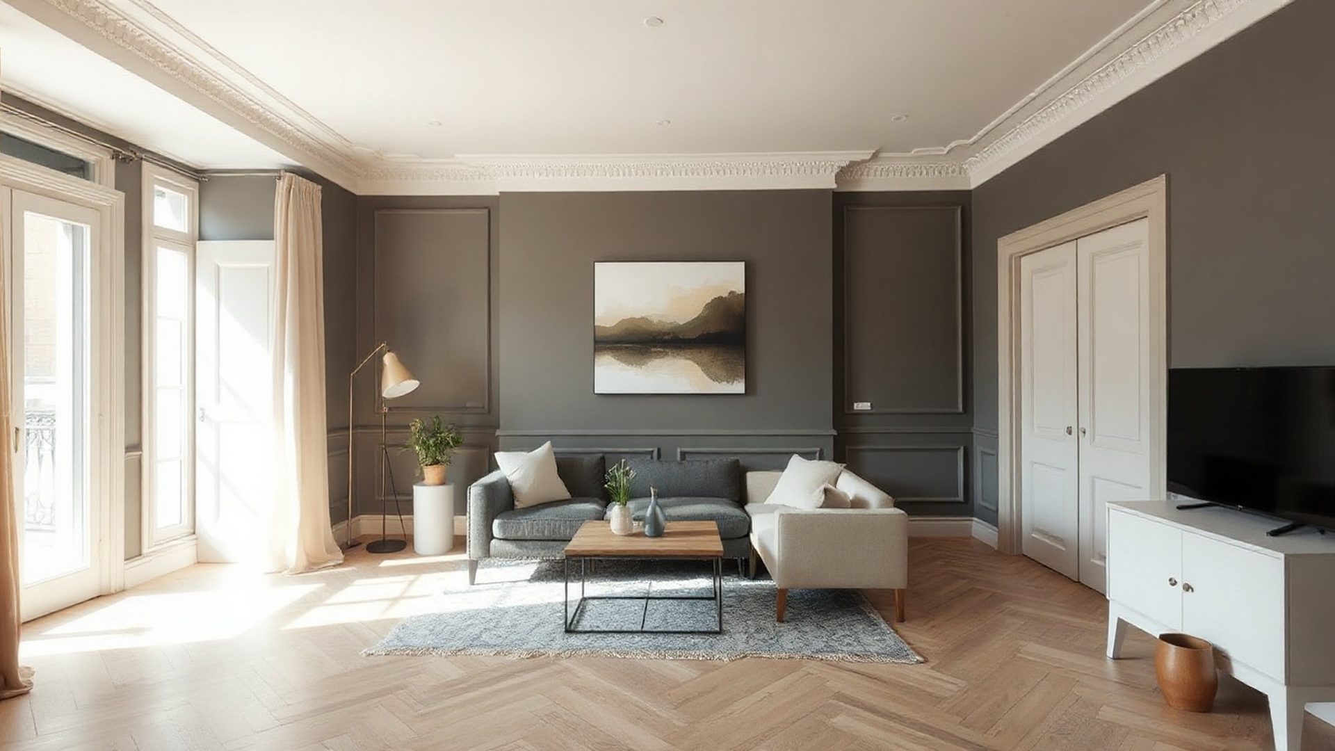 Salon d'appartement toulousain rénové, parquet chêne clair et murs slate
